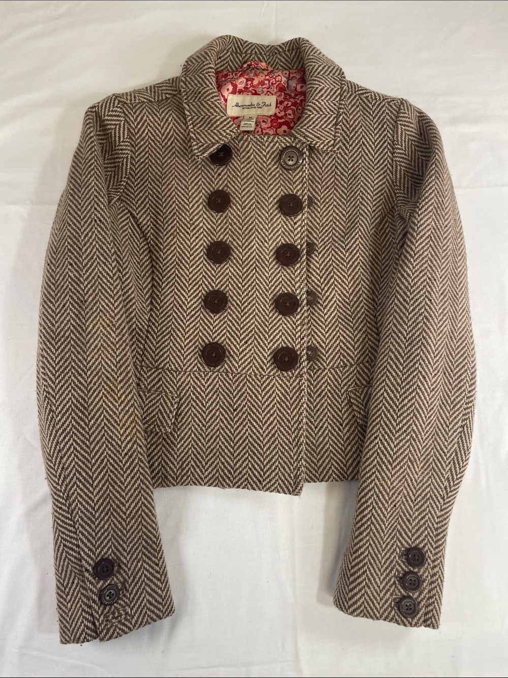 Vintage Wool A&F Herringbone Double-Breasted crop peplum Military med